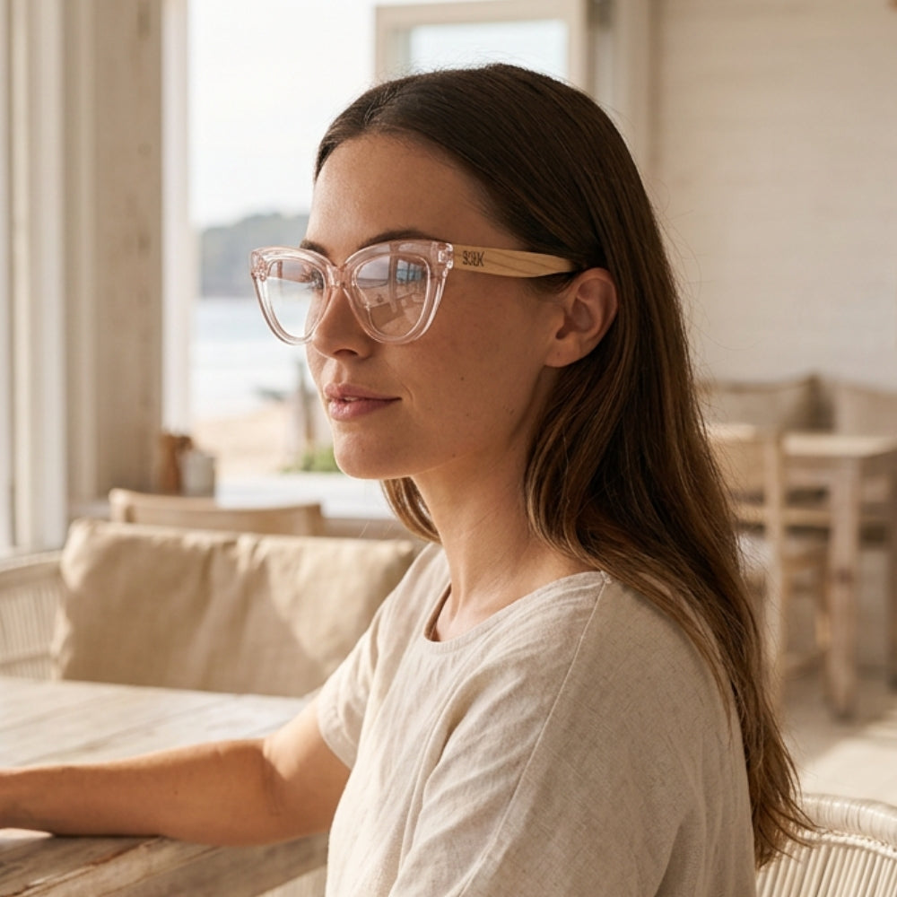 FLUTTER BLUSH l Walnut Arms l Blue Light Blocking Magnifying - Soek Fashion Eyewear UK