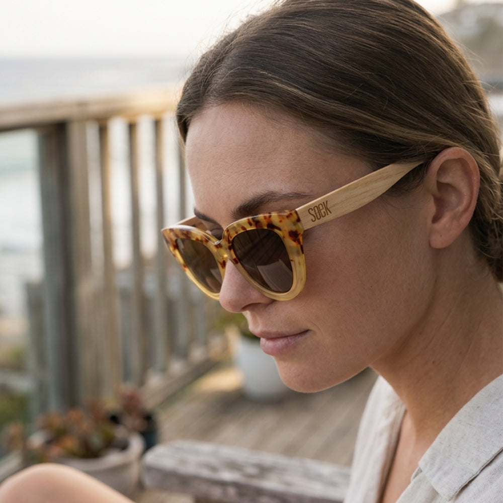 FLUTTER Desert Tort l Sunglasses l Brown Lens l White Maple Arms - Soek Fashion Eyewear UK