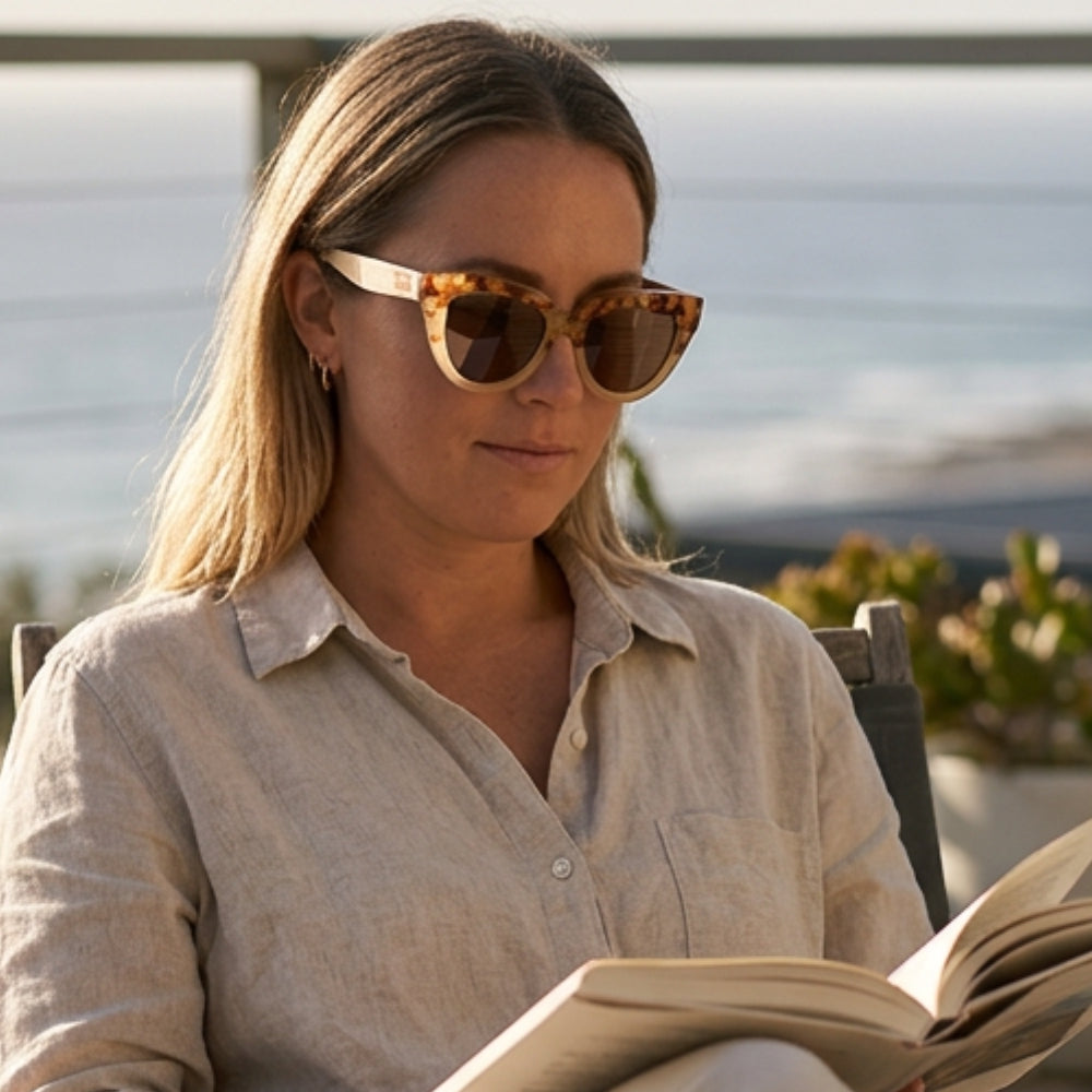 FLUTTER Desert Tort l Sunglasses l Brown Lens l White Maple Arms - Soek Fashion Eyewear UK