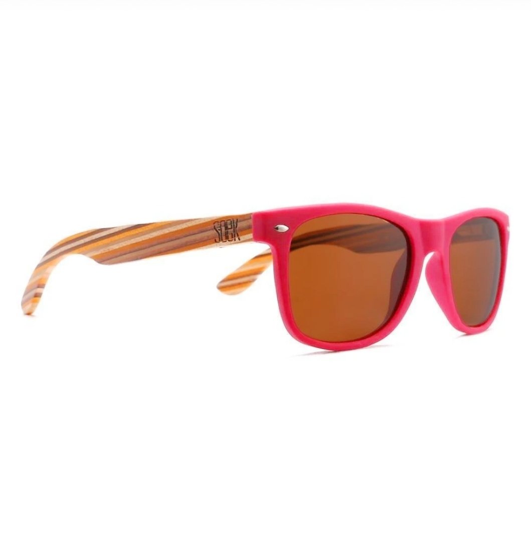 AVALON -Magenta Sustainable Sunglasses with Mustard Wooden Striped Arms UK