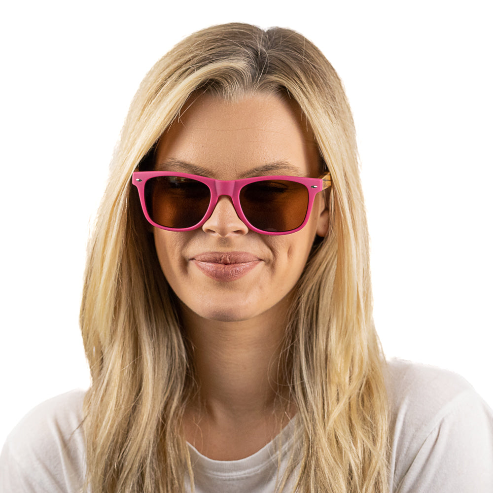 AVALON -Magenta Sustainable Sunglasses with Mustard Wooden Striped Arms UK