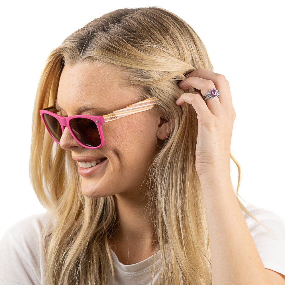 AVALON -Magenta Sustainable Sunglasses with Mustard Wooden Striped Arms UK