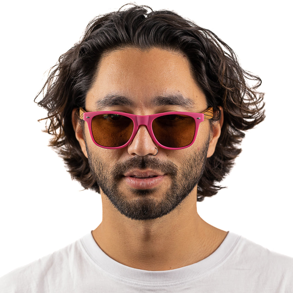 AVALON -Magenta Sustainable Sunglasses with Mustard Wooden Striped Arms UK